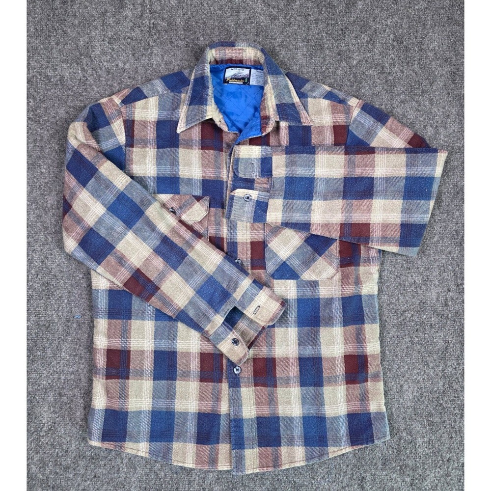 VIntage Fieldmaster Flannel Shirt Mens Medium Blue Plaid Quilted Perma-Prest USA